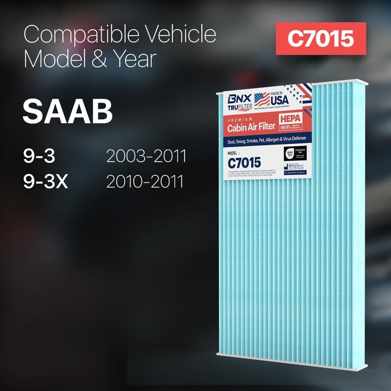 BNX TruFilter C7015 Cabin Air Filter, HEPA 99.97%, MADE IN USA, Compatible With Saab: 9-3, 9-3X - Image 2